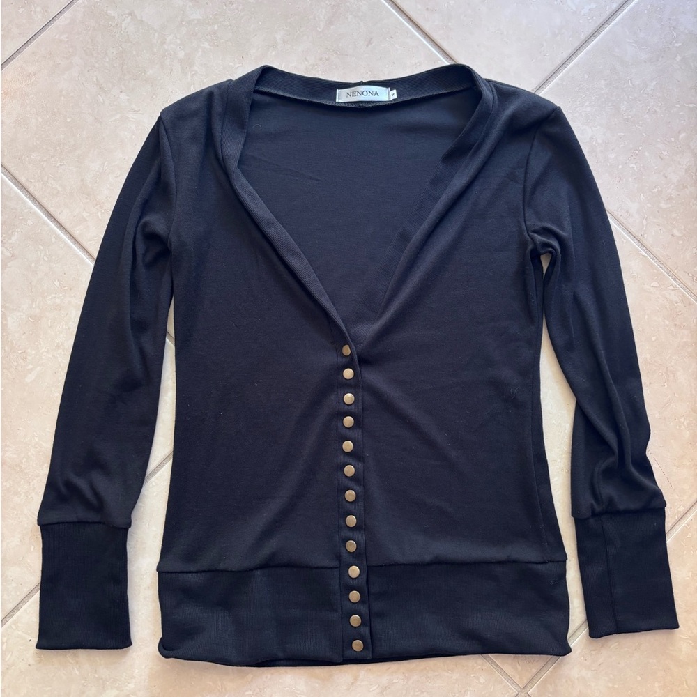 Nenona Black Long-Sleeve Bronze Snap-Front V Neck Cardigan Soft Top Size S